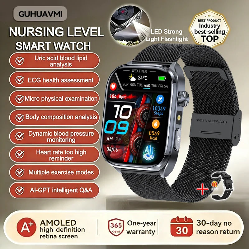 Neue Gesundheitsuhr Harnsäure Blutdruck Blutsauerstoff Körperanalyse Körperfett Smartwatch EKG+PPG Bluetooth Anruf Uhr Frauen Männer