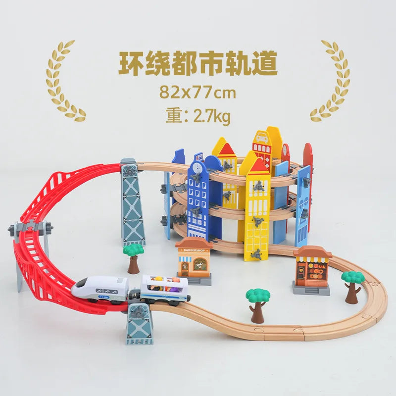 Neues Holzeisenbahn-Schienenset, elektrischer Zug, Magnetauto, Druckguss-Steckplatz, passend für alle Marken, Biro Holzschienen, Montagespielzeug, Jungen-Geschenk