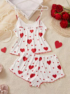 5 Größen zur Auswahl: S M L XL 2XL Damen-Pyjama-Set Träger-Nachtwäsche Top + Shorts Rot Herz-Print Nachtwäsche Sexy Dessous