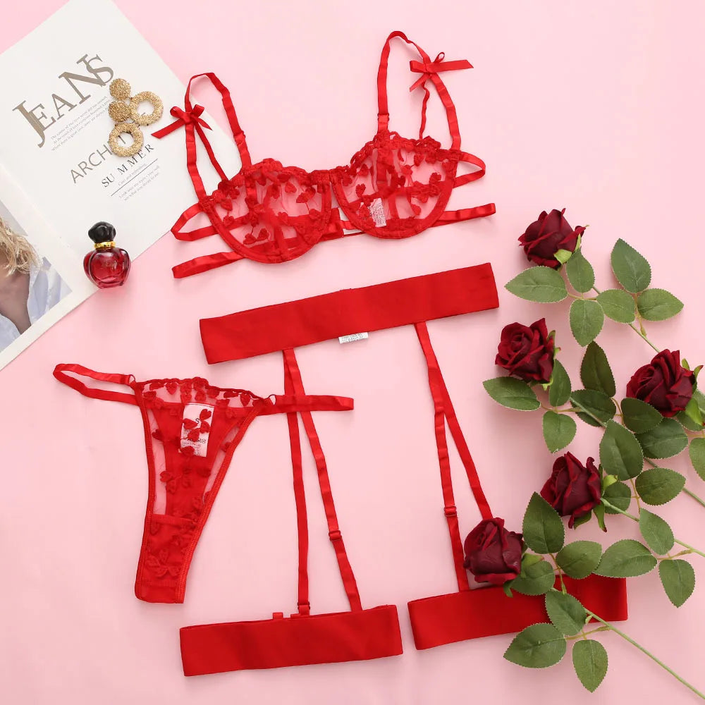Spitzen-Dessous-Set 3-teilig Transparenter BH Strumpfhalter Halbcup Push-up Unterwäsche für Damen