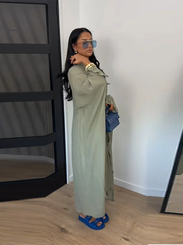 Maxikleid Damenkleider Fledermausärmel Beige Rüschen Bindekragen Plissiert Oversized Damenbekleidung Freizeitkleidung Sommer-Outfit