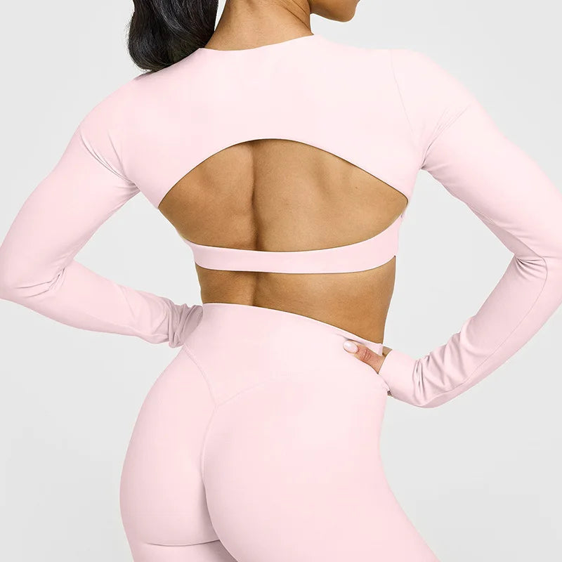 NCLAGEN Yoga-Top mit integriertem BH, langärmeliges Damen-Gym-Oberteil, rückenfreies Workout-Shirt, hochelastisches atmungsaktives Fitness-Shirt