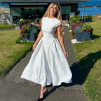 Talenza Weißes gepunktetes langes Kleid Sommer Sexy High-Waist Vintage Print Ärmelloses Kleid Lässige Party Urlaub Neues Damenkleid