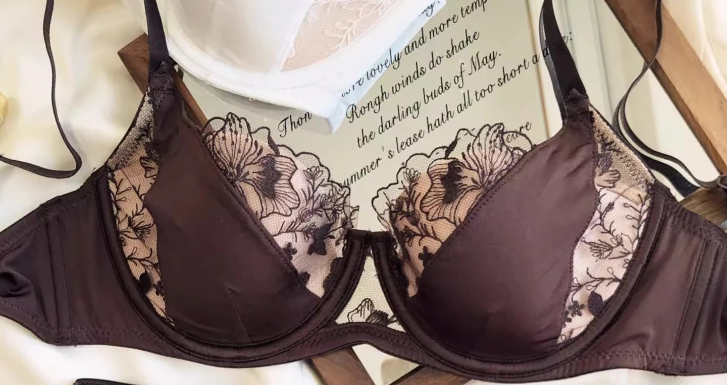 YUQI Französisches Retro-Spitzen-Dessous-Set – Push-up-Minimizer-BH mit weichem Bügel für große Oberweite, sexy Bralette- und Höschen-Set, Bestseller