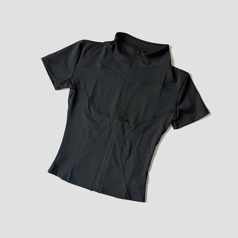 Slim Fit Kurzarm Yoga Shirt Damen Stehkragen Reißverschluss Jacke High End Lauf Sport Fitness Top