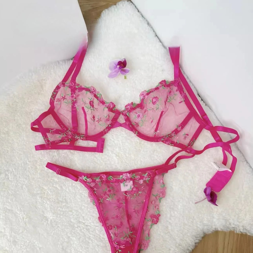 YUQI Französisches Luxus-Dessous-Set – sexy BH- und Höschen-Set mit floraler Stickerei in Schwarz, durchsichtige, transparente, verführerische Damen-Unterwäsche