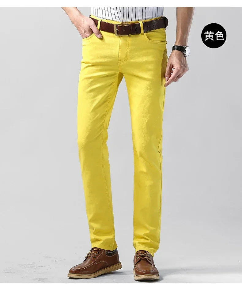 5 Farben Herren Bunte Denim Stretch Stretch Jeans Elastische Gelb Pink Rot Slim Herren Bekleidung Einfache Business Denim Hosen