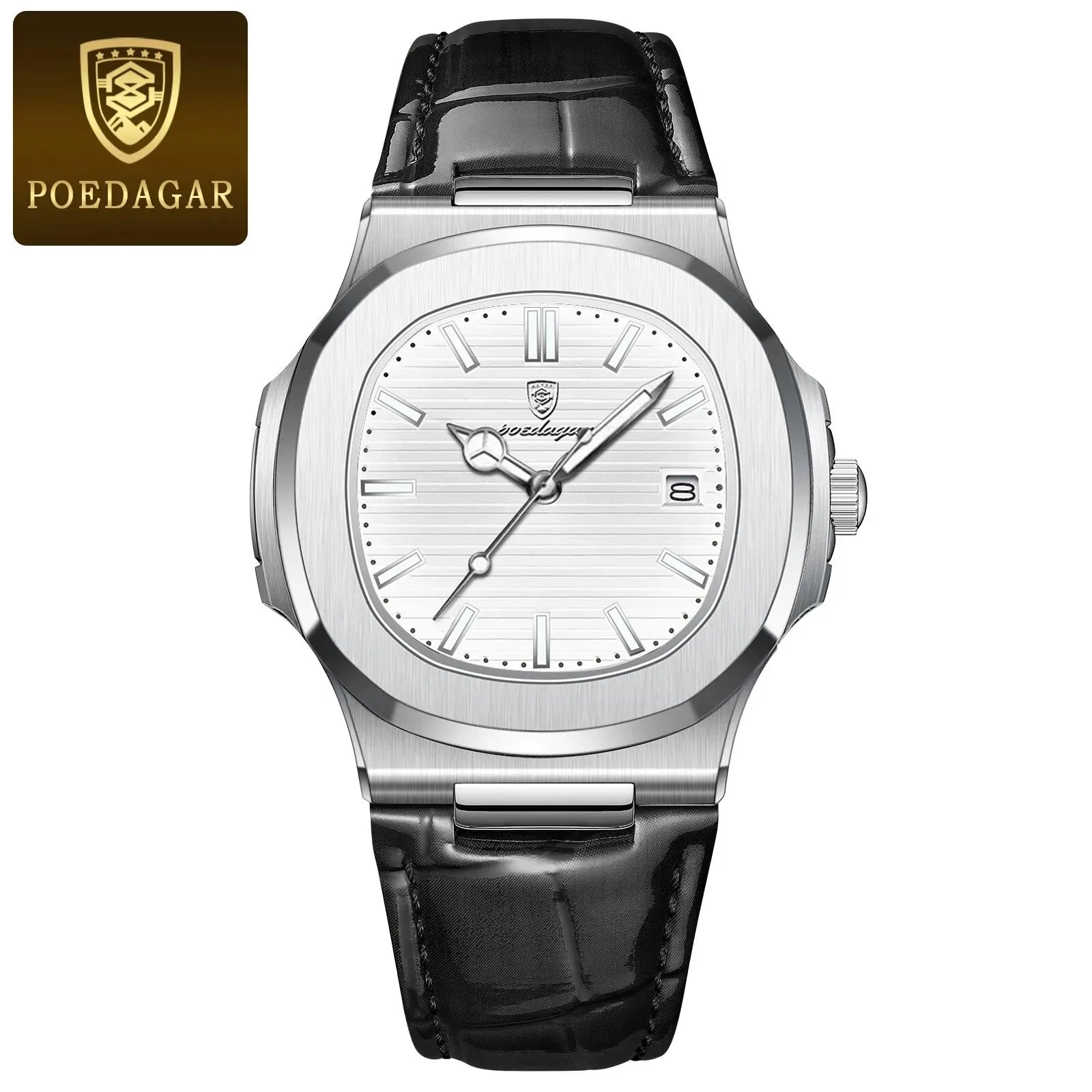 POEDAGAR Top Luxus Quadratische Herrenuhr Datum Wasserdicht Leuchtend Herren Armbanduhr Hochwertige Leder Herren Quarzuhren+Box Reloj