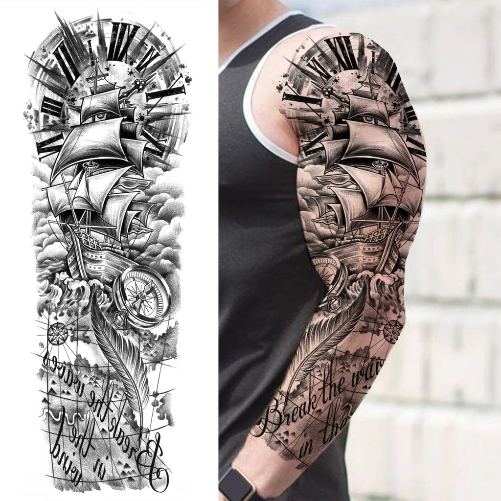 1 Sheet Full Arm Compass Zeus Skull Tiger Lion Flower Temporary Tattoos Sleeve For Men Women Adults Fake Temp Sticker Tattoo