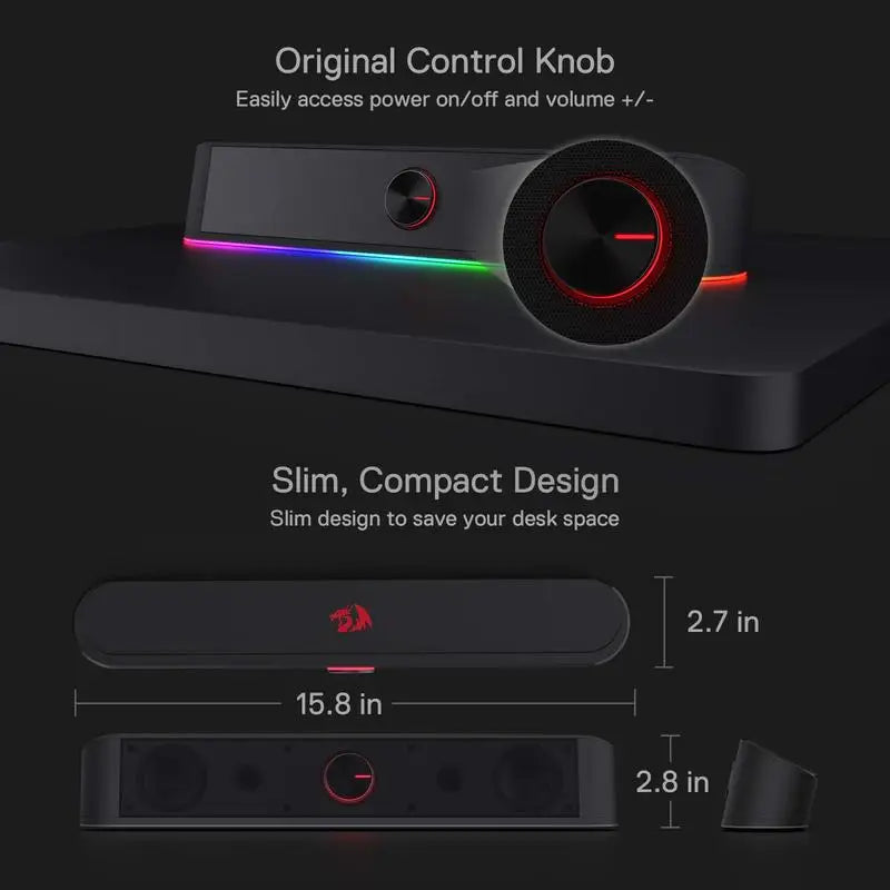 Redragon GS560 Adiemus RGB USB Desktop Soundbar, 2.0 Channel Computer Speaker with Dynamic Lighting Bar Audio-Light Sync/Display
