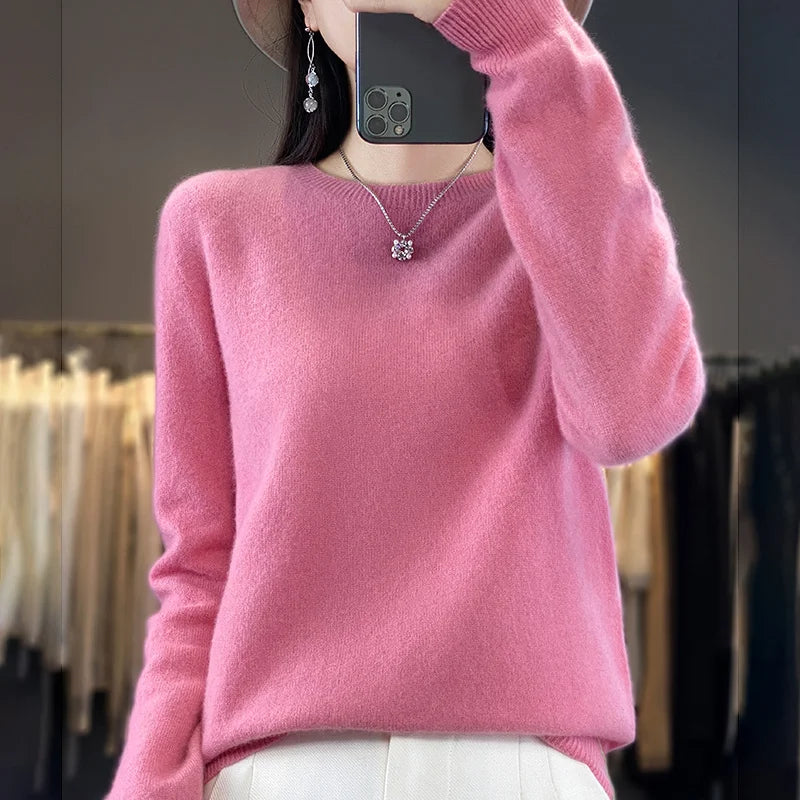 100 % Merinowolle Pullover Damen O-Ausschnitt Kaschmir Strickwaren Female Pullover Herbst Winter Freizeit Oberteile Einfarbig Weiche Kleidung