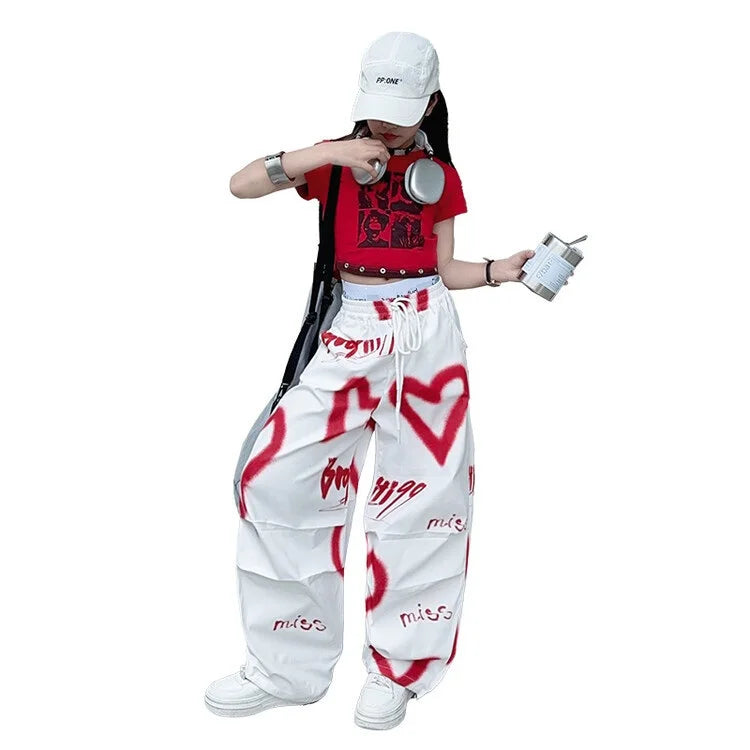 2026 Sommer Frühling Teenager Trainingsanzug Mädchen Kleidung Herz Graffiti 1 T-Shirt Oberteil oder lange weite Beinhose Kind 4 6 7 8 9 10 12 14 Jahre