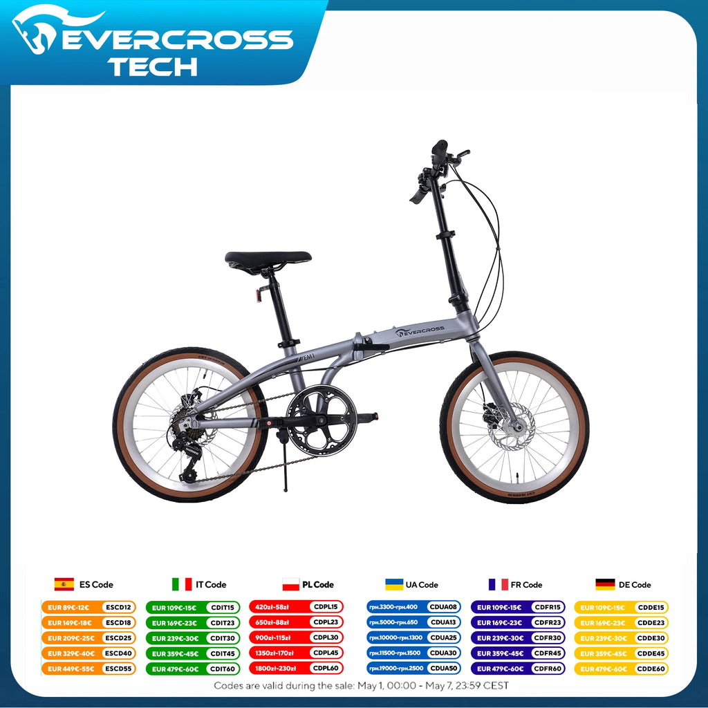 EVERCROSS TECH 20 Zoll Klapprad-7 Gänge-Rahmen Ultraleichtes Aluminium-Scheibenbremse-EM1