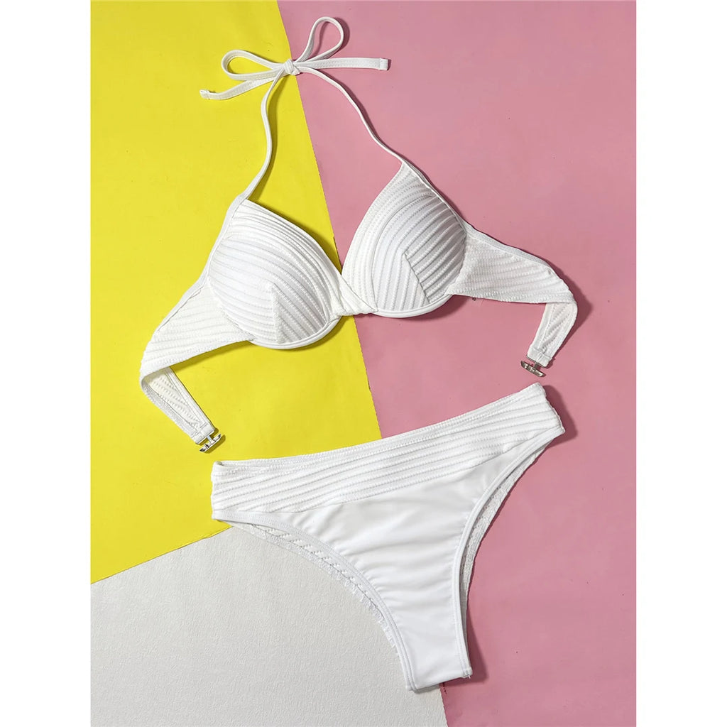 Gerüschter Neckholder Bügel-Bikini Damen Bademode Weiblicher Badeanzug Zweiteiliges Bikini-Set Mid Waist Badeanzug Schwimmen V5440