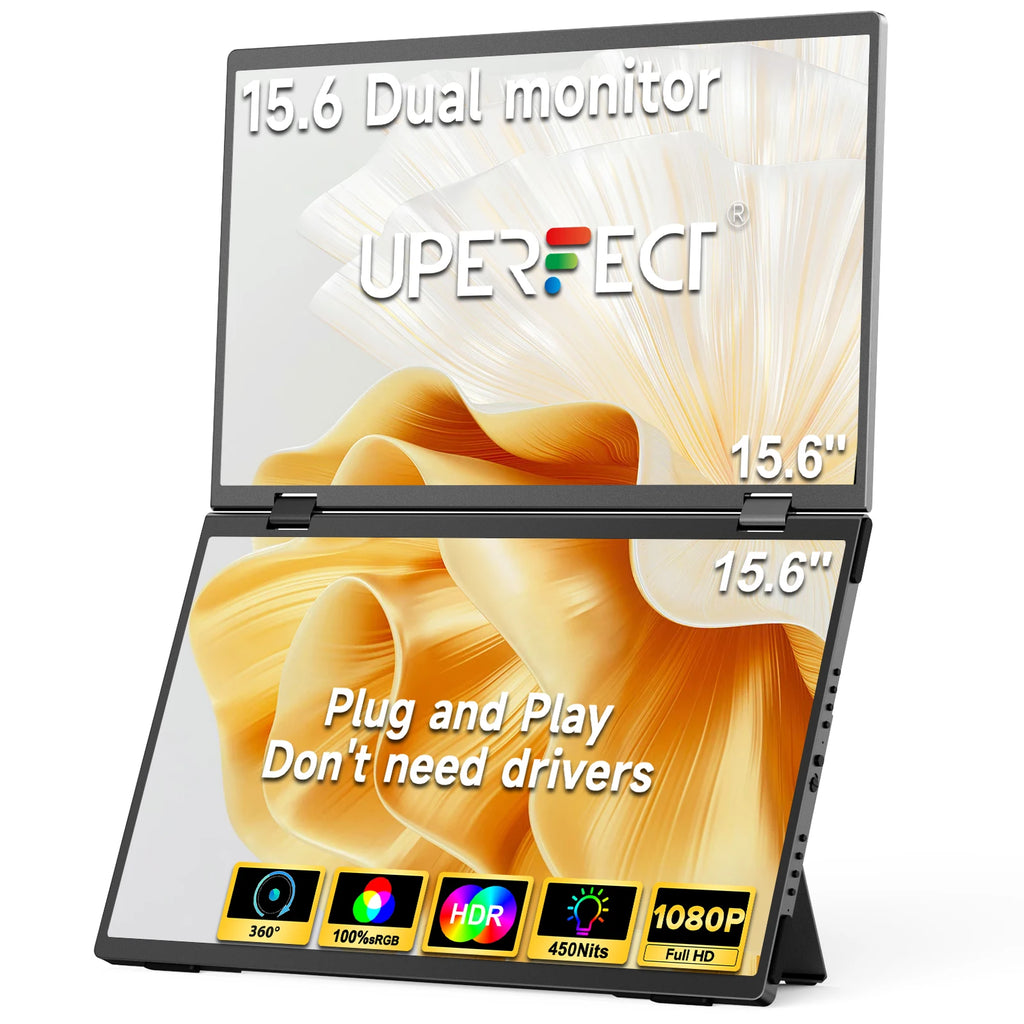 UPERFECT Delta 15.6" Dual Portable Monitor For Laptop Screen Extender 1080P HDR 360° Folding Stacked with Stand For Laptop PC