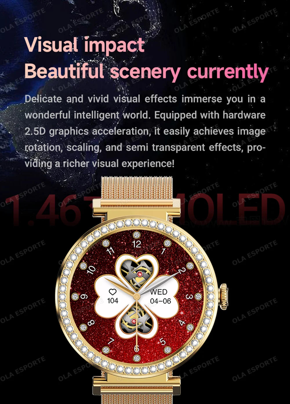 Fashion Zircon Smartwatch 1,46" AMOLED Bildschirm 5.4 Bluetooth Anruf Herzfrequenz Temperaturüberwachung Damen Smartwatch Schrittzähler