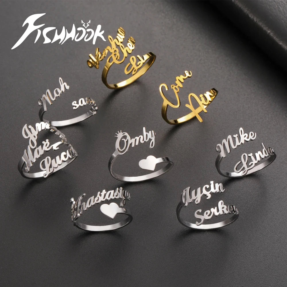 Personalisierter Doppel-Vorname-Ring für Damen und Herren, personalisiertes Paar-Familien-Geschenk, goldfarbener Edelstahl-Metallschmuck
