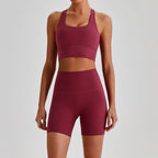 Buttery Soft Nylon Yoga Set Crisscross Back Sports Bra High Waist Biker Shorts 2 Piece Gym Set Workout Outfit Women Activewear