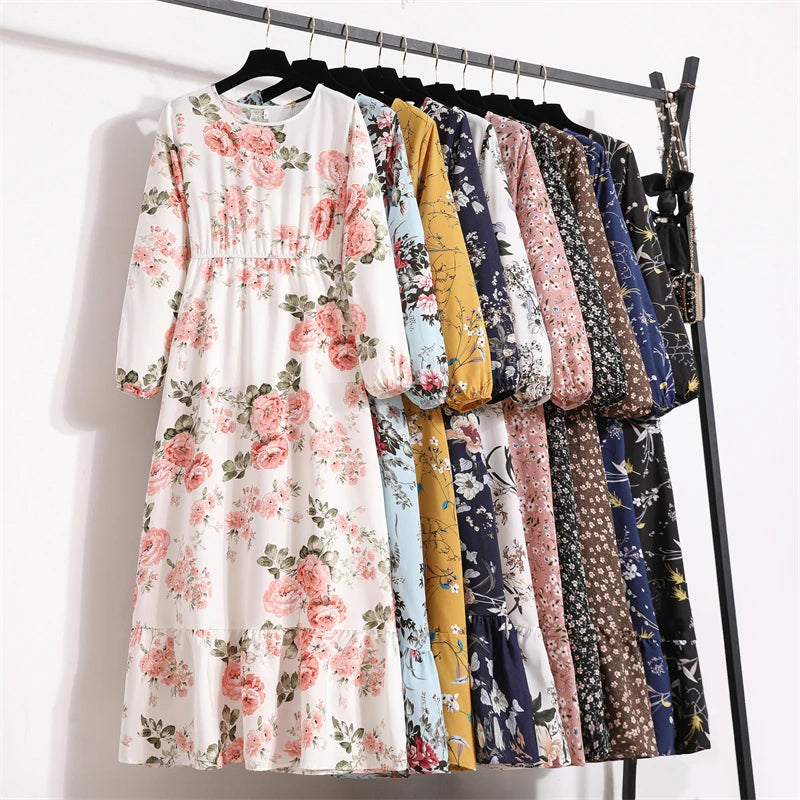 Frühling Sommer Damen Maxikleider Casual Langarm Geblümt O-Ausschnitt Damen Boho Strandparty Langes Kleid Mujer Vestidos Hauptbild