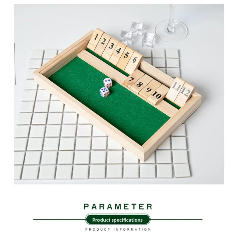 Hölzernes Shut the Box Würfelbrettspiel Klassische Tischversion mit 12 Zahlen, Kneipenstil, traditionelles Familien-Partyspiel für drinnen
