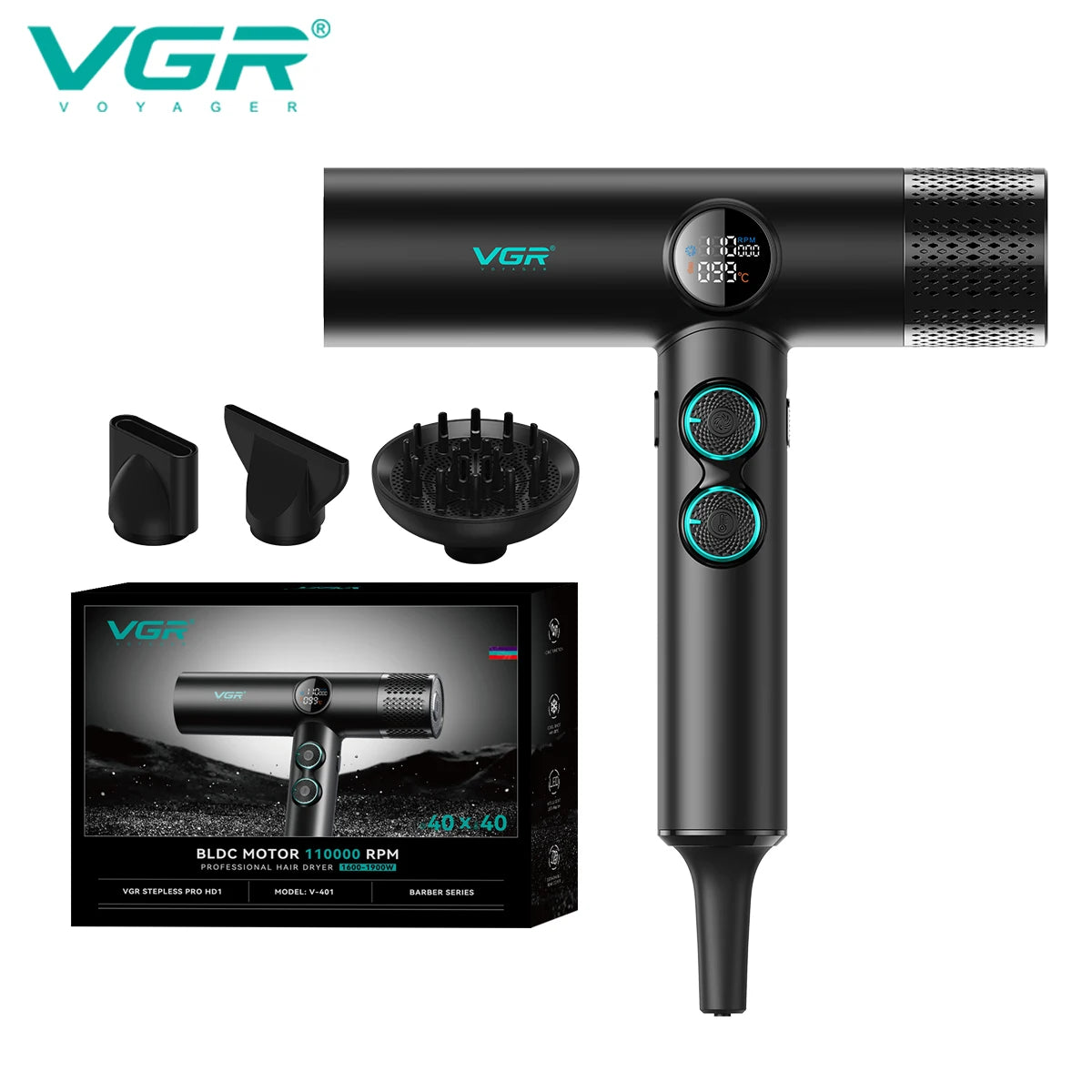 VGR Haartrockner Professioneller Haartrockner BLDC-Motor Haarstyling-Föhnmaschine 110000 U/min Negativ-Ionen Salon-Gebläse V-401