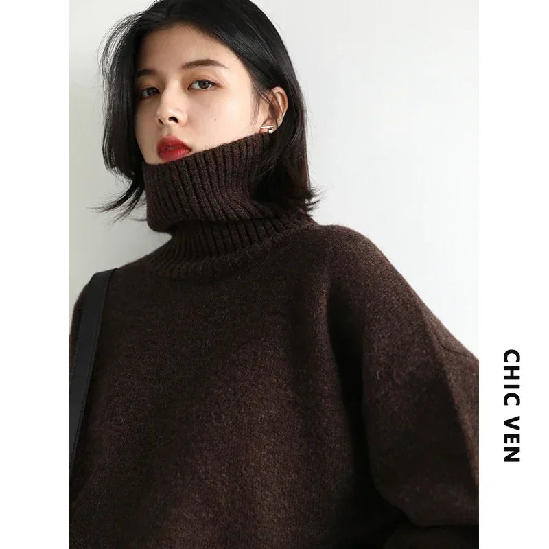 CHIC VEN Koreanischer Damen Pullover Lockerer Rollkragenpullover Warme Einfarbige Pullover Strickwaren Basic Female Tops Herbst Winter 2022