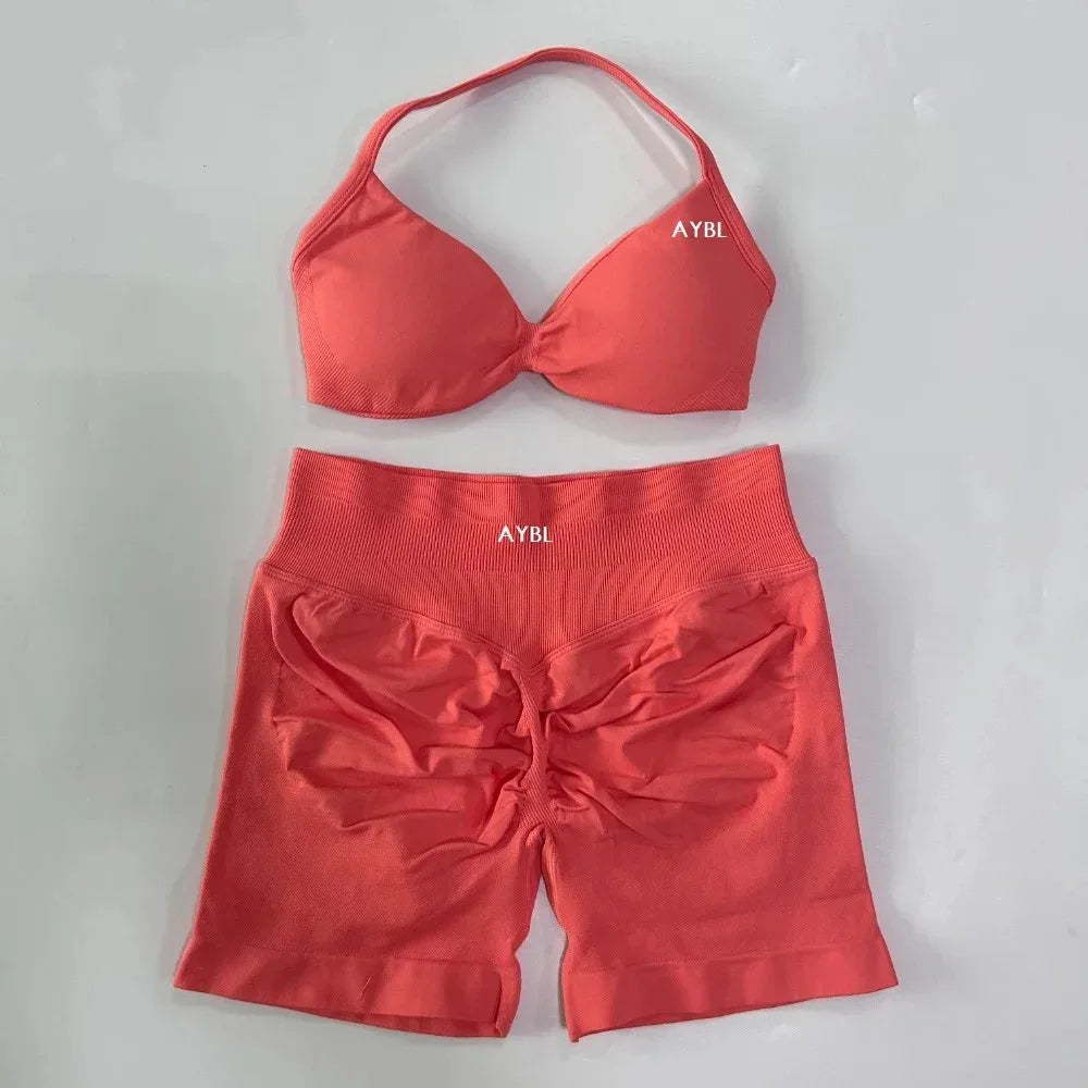 AYBL 2-teiliges Yoga-Set Gym-Set Damen Träger-Yoga-BH Top Hohe Taille Workout Scrunch Shorts Sportanzug Nahtloses Yoga-Set Fitness