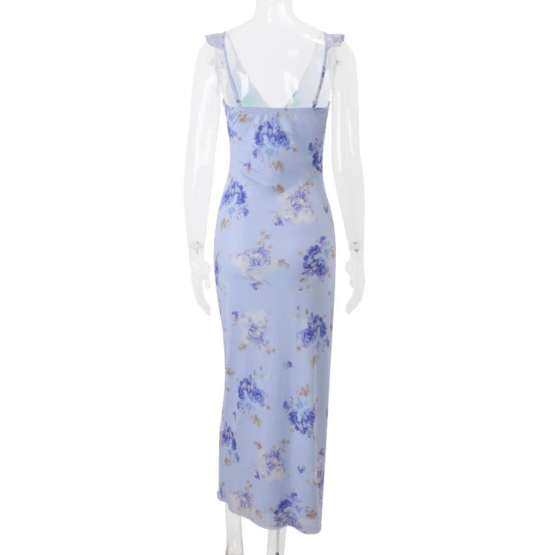 Kryptografischer Sommer Blumenmuster Plunge Maxikleid Outfits Sexy rückenfreie Feen Sonnenkleider Urlaub Strandmode Vestido Coquette