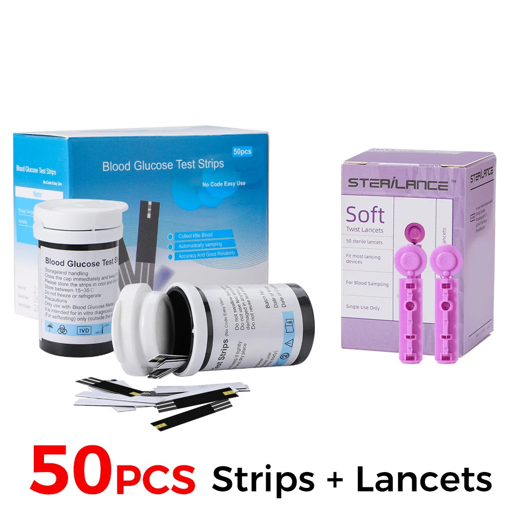 Medizinischer Blutzuckermesser 50 Blutzuckerteststreifen Lanzetten Blutzuckermessgerät Kit Zuckermonitor Glucometro für Diabetes mmol/L oder mg/dL