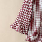 ZANZEA Damen Sommer Plaid Patchwork Bluse 3/4 Glockenärmel Cut Out Tops Lässiges lockeres Hemd Retro Chemise Damen Arbeitsblusen