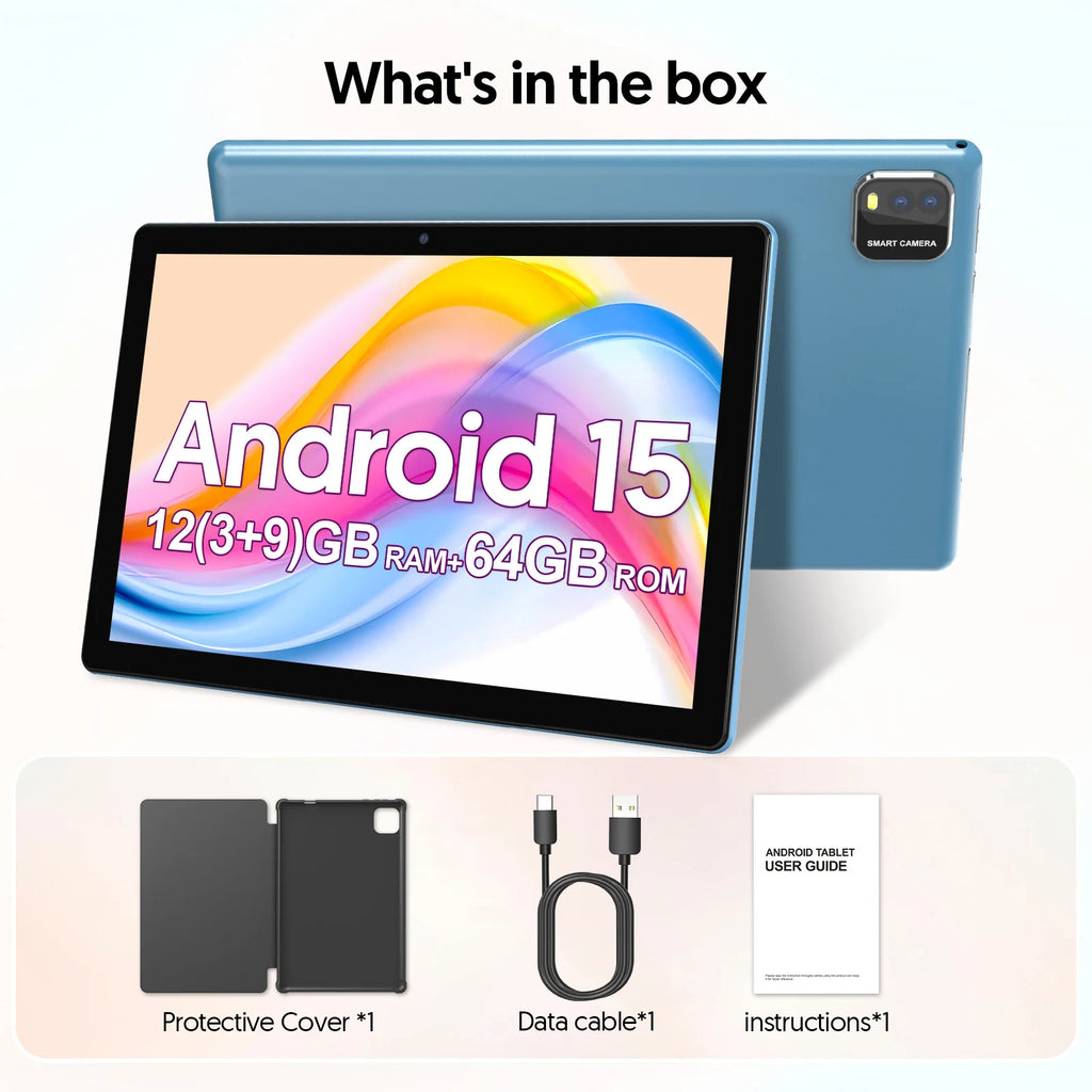 Neueste globale Version Android 15 Tablet, 10-Zoll-Tablet, Quad-Core-Prozessor, 1280*800 Auflösung, 12 (3+9) GB RAM, 64 GB Speicher