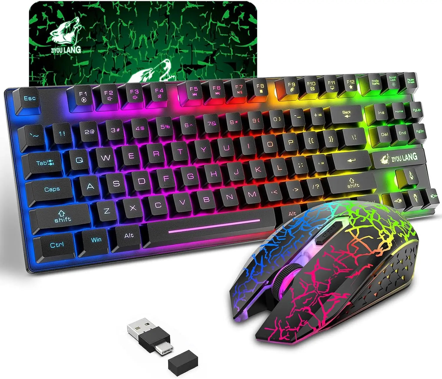 T87 Kabellose Tastatur-Maus-Set, Regenbogen-Hintergrundbeleuchtung, wiederaufladbare 2,4G Gaming-Tastatur, 2400 DPI Optische Gaming-Maus mit Mauspad