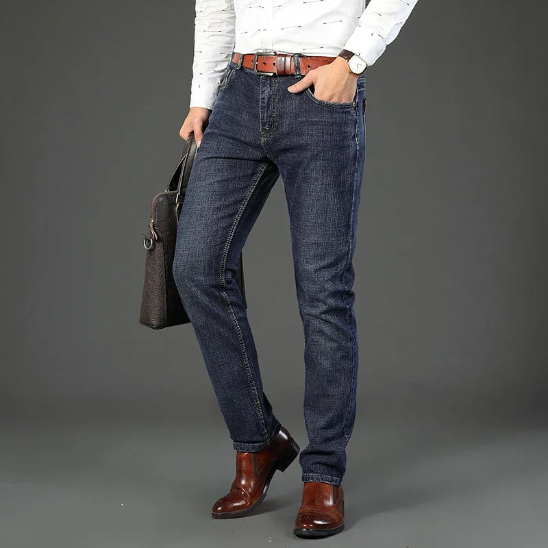 2024 Gerade, normale blaue Stretch-Jeans Frühling Herbst Herren Klassische Jeans Business Fashion Smart Jeans für Herren