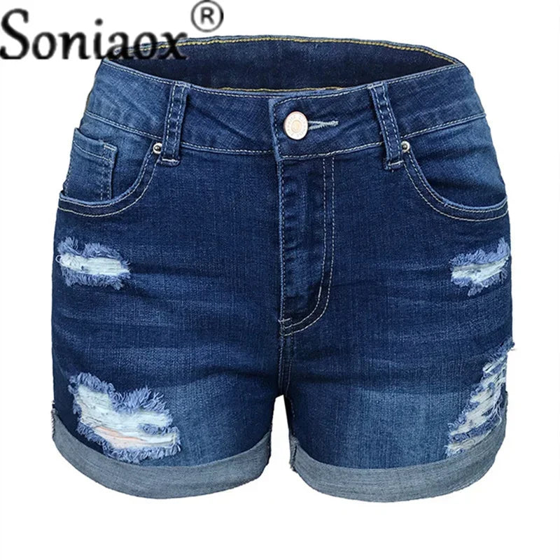 2024 Sommer neue Damen-Crimp-Knopfleiste Stretch Sexy Loch Jeans-Shorts High Waist Skinny Streetwear Trendige Ripped Denim-Shorts