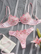 Rosa floral besticktes Dessous-Set 2-teilig mit Bügel, halbtransparent, Verschluss vorne, doppelter Haken hinten, sexy Unterwäsche für romantische Anlässe