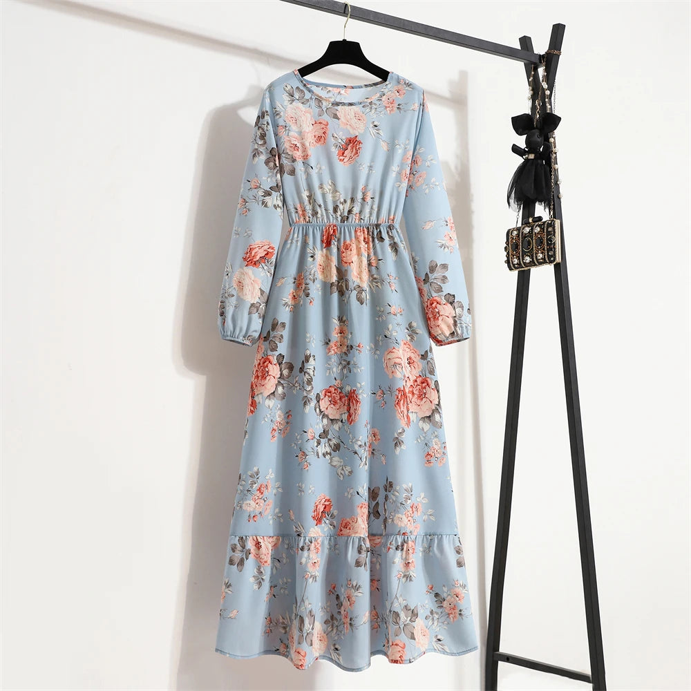 Frühling Sommer Damen Maxikleider Casual Langarm Geblümt O-Ausschnitt Damen Boho Strandparty Langes Kleid Mujer Vestidos