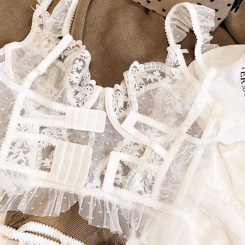 Heißer Verkauf Französisches sexy Dessous-Set für Damen, ultradünner transparenter BH und Höschen-Set, besticktes Spitzen-Form-Camisole-Unterwäsche-Set