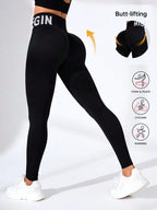 Europäische und amerikanische nahtlose Yoga-Leggings mit Bund-Schriftzug, Po-Lifting, schnelltrocknende, atmungsaktive Damen-Tights für den Sport