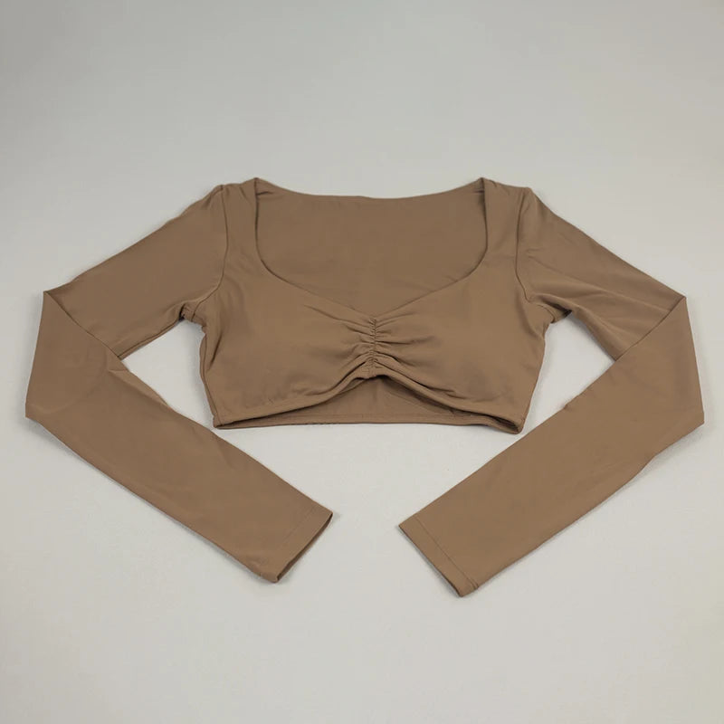 Schnell trocknende, atmungsaktive, kurze Yoga-Kleidung für Damen, sexy, „Nude Feeling“ Fitness-Oberteile, schmal geschnittene Trainings-Laufkleidung