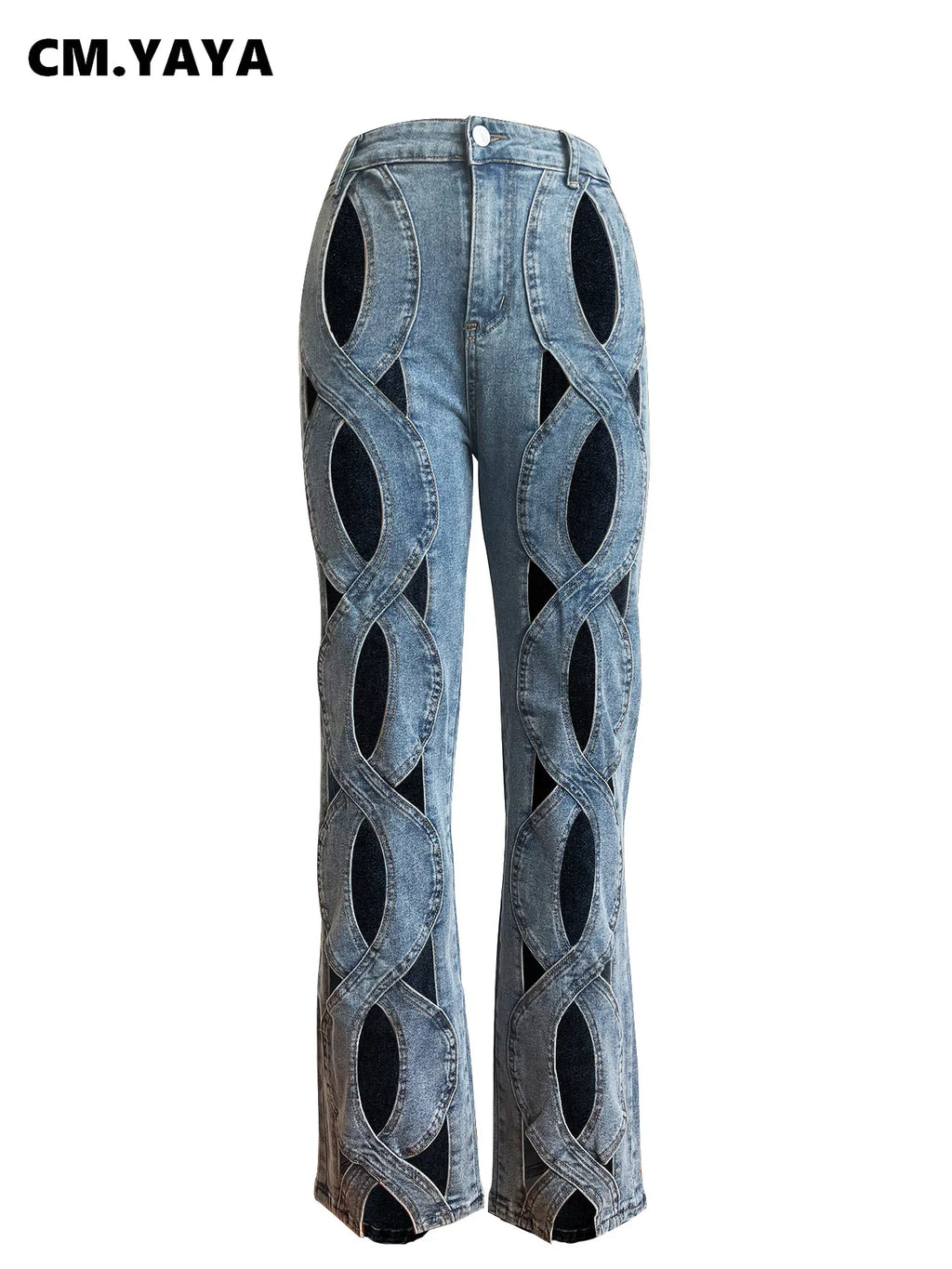 CM.YAYA Damen Vintage Cutout Hollow Out Criss Cross Gerade Denim Hose 2024 Mode INS High Waist Weite Beine Jeans Hose