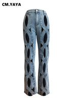 CM.YAYA Damen Vintage Cutout Hollow Out Criss Cross Gerade Denim Hose 2024 Mode INS High Waist Weite Beine Jeans Hose
