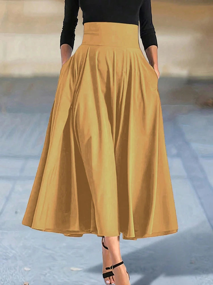 Neu eingetroffen: Kleider, einfarbige A-Linien-Röcke für Damen, Bekleidung, langer Rock mit hoher elastischer Taille für Damen mit Schleife, elegante Damenröcke