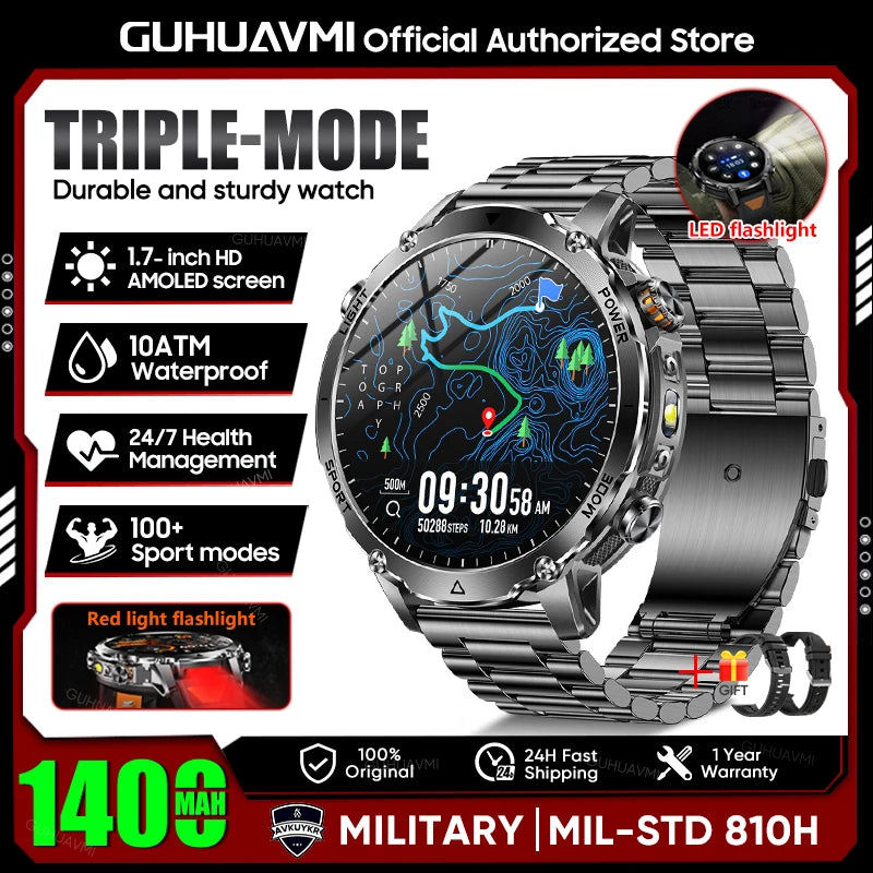 2026 Neue TANK Ultra 1400mAh Akku Militär Smartwatch 10ATM Wasserdicht Herzfrequenz Taktische LED Taschenlampe Herren Sportarmband
