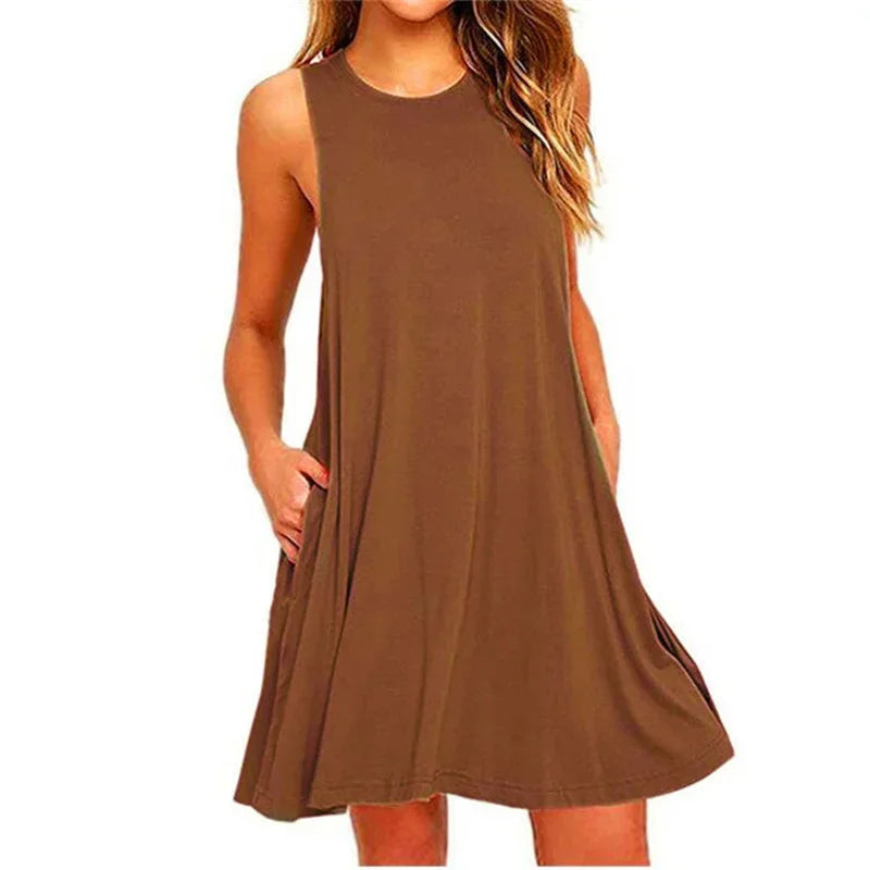 Damenkleid Sommer Freizeit T-Shirt Kleider Strandüberzug Einfarbig Plissee Tanktaschen Kleid
