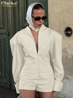 Clacive Fashion Locker Zweiteiler für Damen, Beige, 2025, sexy Langarmshirt mit High-Waist-Shorts, Set, weibliche Streetwear