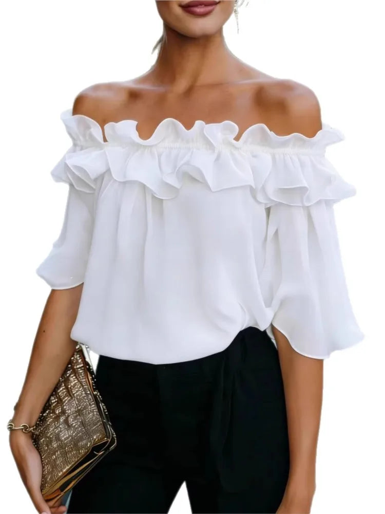 Mode Rüschen Sexy One Shoulder Damen Kurzarmshirt Sommer Neu Lässige Weite Oberteile Weibliche Elegante Vielseitige Bürobluse