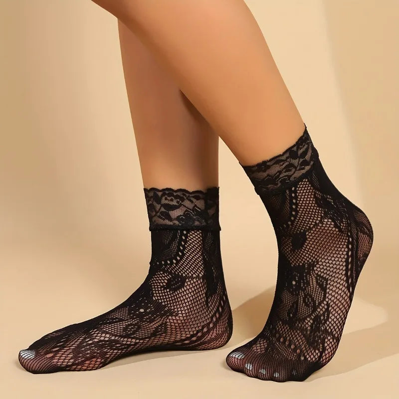5 Paar Blumen-Spitzensocken Dünne Atmungsaktive Kurze Socken Sommer Netz Lolita Fischernetz Damenstrümpfe Strumpfwaren