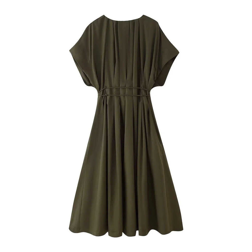 KONDALA 2026 Frühling Sommer Vintage Damenkleid Mode Einreihig Schärpen Drapierter V-Ausschnitt Ärmellos Schicke Braune Damenkleider