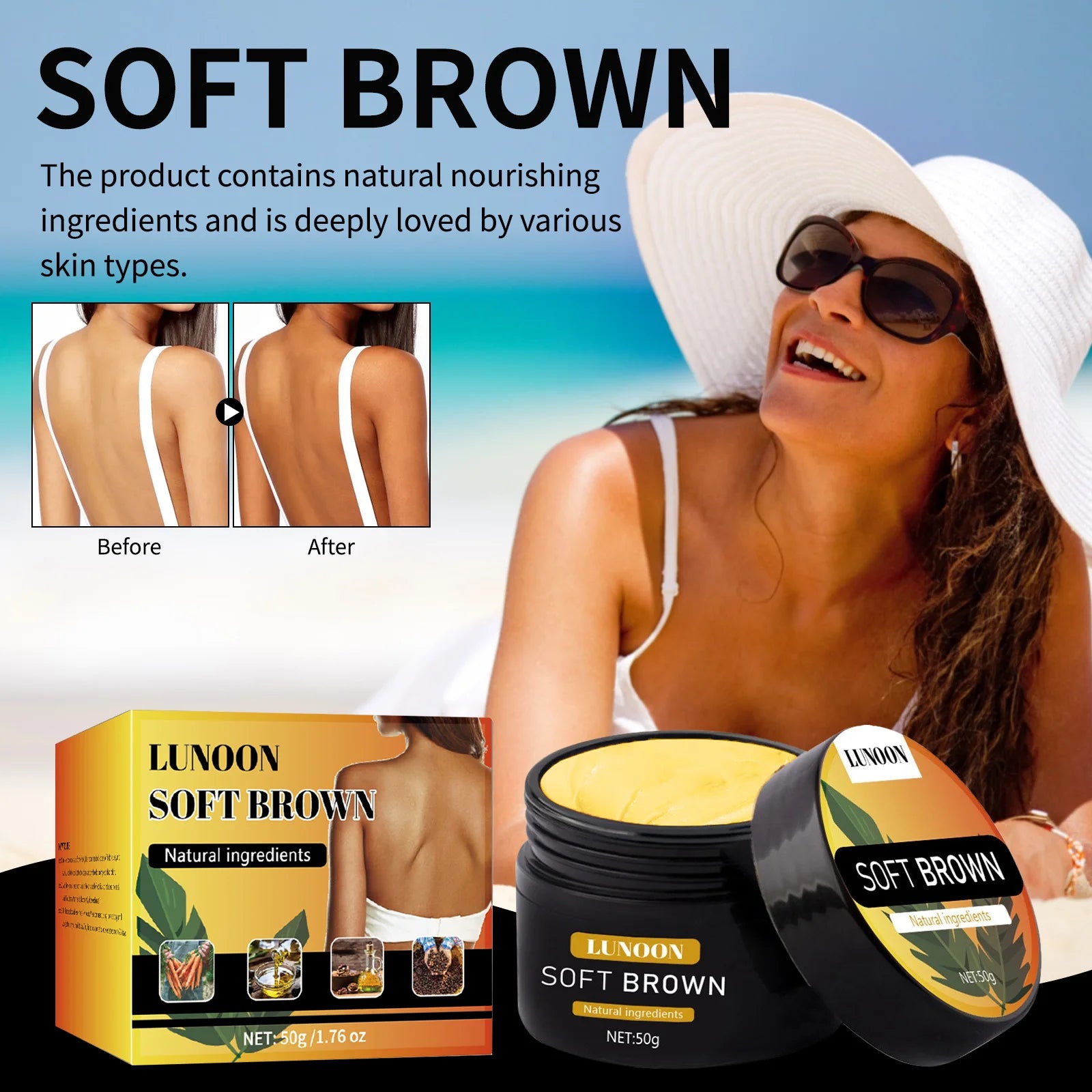 Bräunungscreme mit Sonnenschutz, lang anhaltender Bronzer für Gesicht und Körper, pflegende Formel erzeugt einen natürlichen Verdunkelungseffekt.