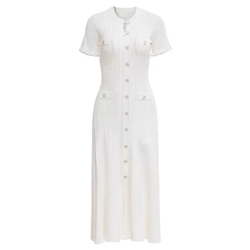Sommer einfarbig Rundhals Kurzarm Business-Kleid Damen Koreanisch Einreiher Ausgeschnittenes langes Kleid Modetrend